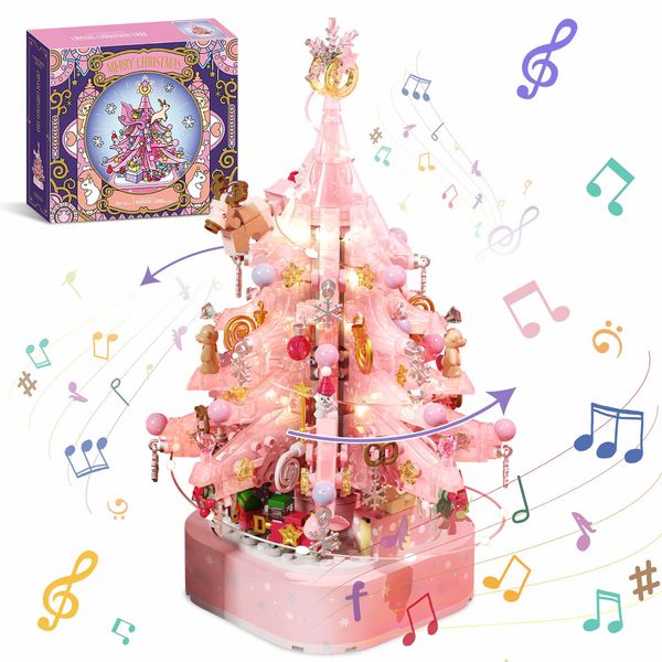 DOSCOR Pink Crystal Christmas Tree Building Blocks Set,Christmas Music Box with LED Light,Xmas Gift for Girls,Kids,and Adults