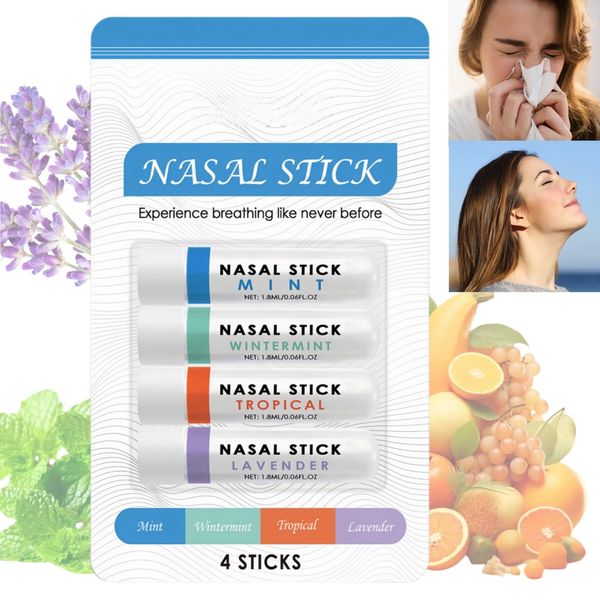 4 Pieces Nasal Stick,Nose Inhaler Stick,Nose Inhaler for Blocked Nose,Natural Refreshing Nasal Inhaler Stick,Nasal Inhalation Stick,Mints Cooling Oil Energy Bar,Blocked Nose Relief,Herbal Inhaler