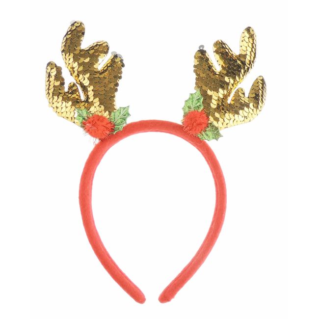 Glamour Girlz Unisex Womens Mens Festive Ears Christmas Nativity Costume Outfit Party Headband Hair Hoop Alice Band Hairband Deeley Bopper Reindeer Deer Stag Antler Ears Red Gold Sequin (Gold)