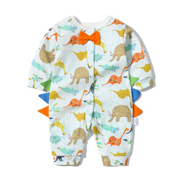 Baby Boy Dinosaur Pattern Bow Tie Patched Design Snap Button Romper Jumpsuit - 59 (0-3M) / White