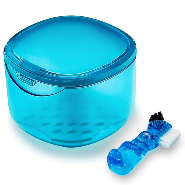 EZEELAI Denture Bath Case Denture Soaking Container with Lid Leak Proof, False Teeth Holder Mouthguard Storage Box Retainer Soaking Case - Transparent Blue