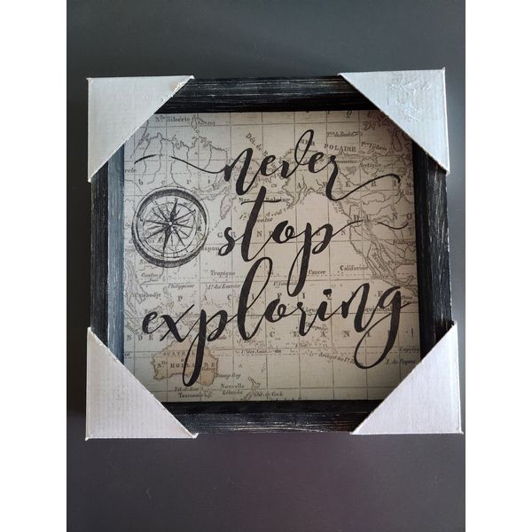 "Never Stop Exploring" Map Wood Framed Canvas Art 10x10x1.5 Black Beige