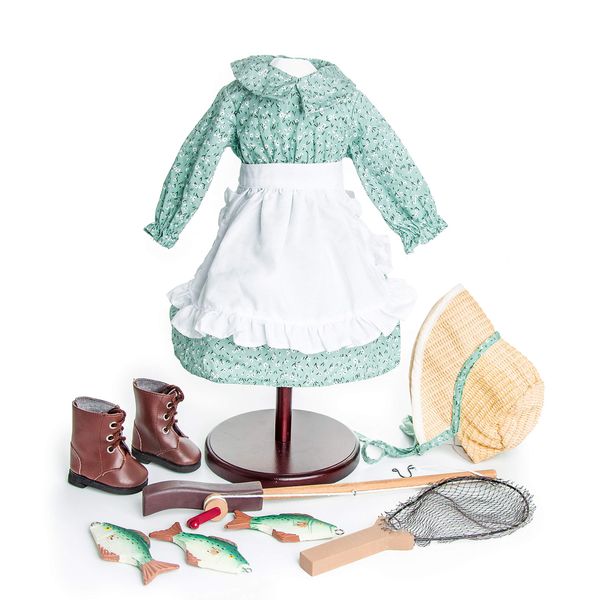 The Queen's Treasures 18 Inch Doll Clothes & Accessories, Little House Prairie Dress Hat, Boots, and 5 Piece Fishing Accessory Set, Compatible for Use with American Girl Doll