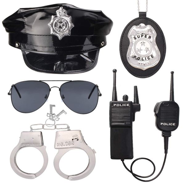 Beelittle Police Officer Role Play Kit Police Hat Handcuffs Walkie Talkies Policeman Badge Sunglasses Police Costume Accessories for Cop Swat FBI Halloween Party Dress up (C)