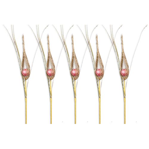 5 Pack 20" Champagne Peacock Feather Glitter Pick Spray with Pink Feather