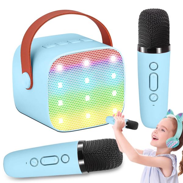 Mini Karaoke Machine for Kids Adults, Portable Karaoke Machine,Bluetooth Speaker with 2 Wireless Microphones and LED Lights, Birthday Gifts for Girls Ages 4, 5, 6, 7, 8, 9, 10, 12+ (Blue)