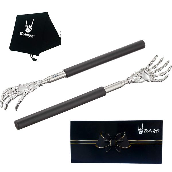 2-Pack Skeleton Hand Back Scratcher Portable Extendable Telescopic Ghost Hand Massages Back Scratcher Soft Rubber Handles with Best for Send Friends/Colleagues/Elders Best Gift (Black)