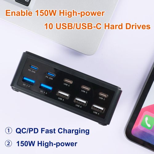 150W 10-Port USB Charger - Fast Multi Port USB 10-Ports Charging Hub with Switch Control - Compatible with iPhone 15/14/13/12, Galaxy S23/S22/S21, Note 20 Ultra and More