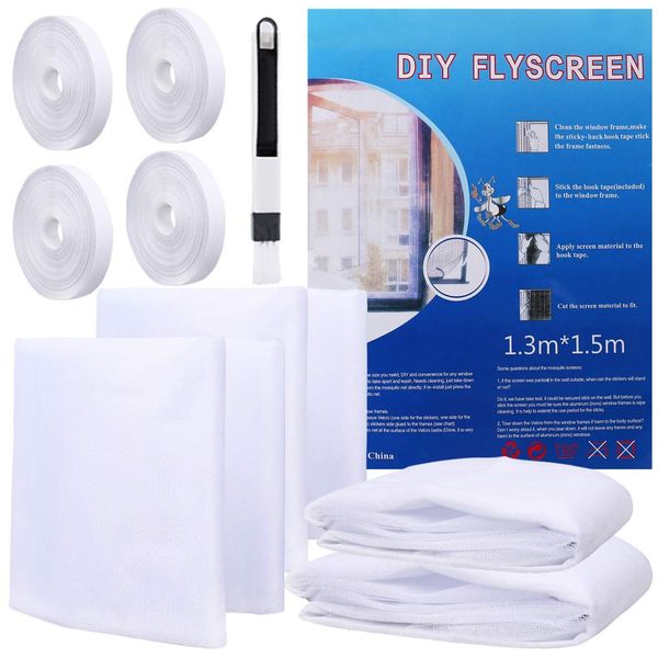 4 Packs Fly Screen for Window, Insect Mesh Window Nets1.3m*1.5m, with 4 Rolls Self-Adhesive Tapes,Cleaning Brush, White