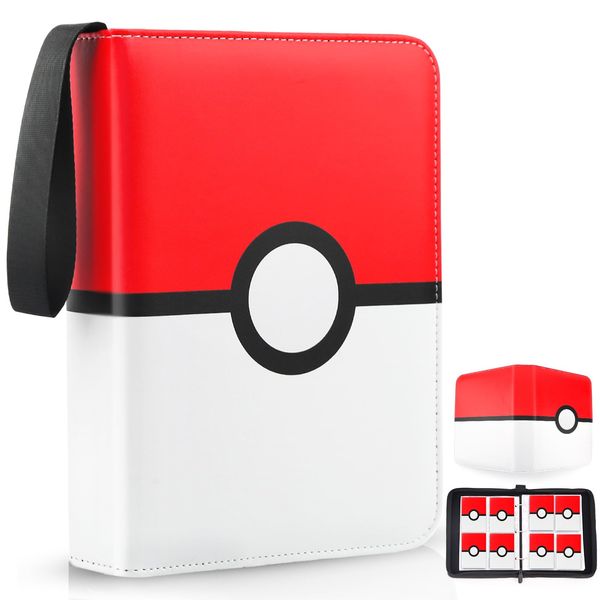 Card Binder 4 Pocket, Trading Card Holder Fits 400 Cards With 50 Removable Sleeves, Portable Collection Card Ablum, Game Card Case book With Zipper for Gift, Red