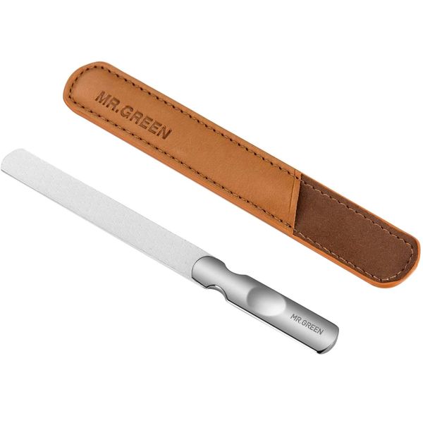 Mr. Green Double Sided Nail File, Stainless Steel, Anti-Slip Handle, Professional, Nail Polishing, With Leather Case, Unisex, Great Gift