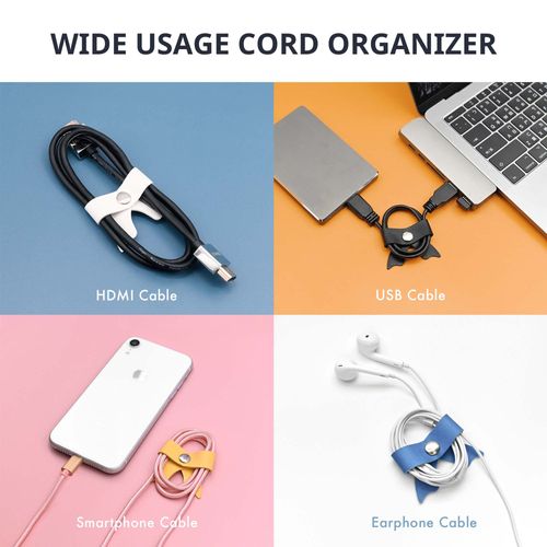 SenseAGE 5 Pack Cord Organizer, Bow Cord Keeper, Cable Organizer USB holder, Leather Cable Management, Cable Straps, Earphone winder, Storage Straps for Electronics, Earbuds, USB Charging Cords & More