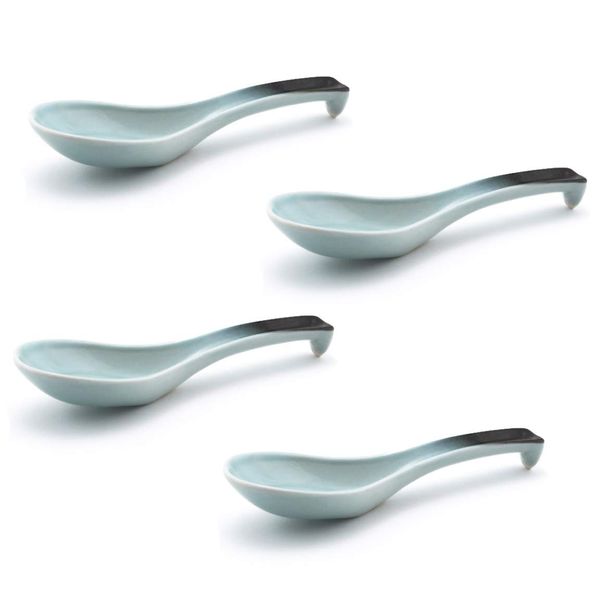 Happy Sales HSSP-GYBL4, Japanese Style Chinese Ceramic Soup Spoons 4 pc, Grey Blue