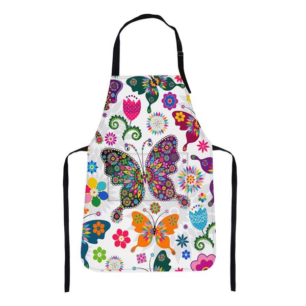 Britimes Apron Home Kitchen Cooking Baking Gardening for Women Men With Pockets Floral Colorful Butterflies Flowers Romantic 32x28 inch