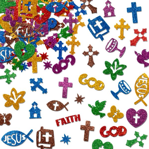 MALLMALL6 500pcs Christian Glitter Stickers - Foam Self-Adhesive Bible Cross Multi-Colour Art Craft Project Glittery Sticky Embellishments for Kids School Classroom Activity Home Party Decoration