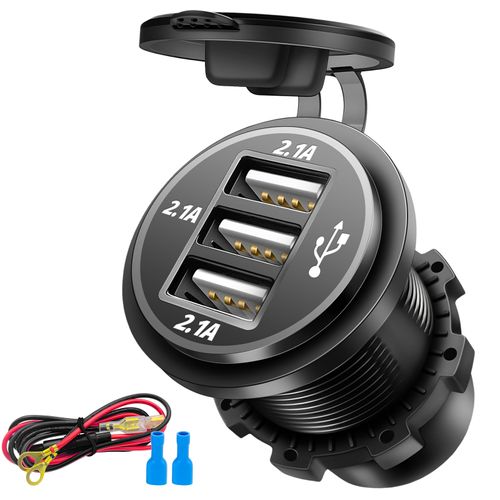 12V USB Outlet Wire USB Charger, 3 Port 12V/24V Charger Socket for Cars, Boats, RVs, Trucks, Golf Carts, and Motorcycles and More (Pack of one)
