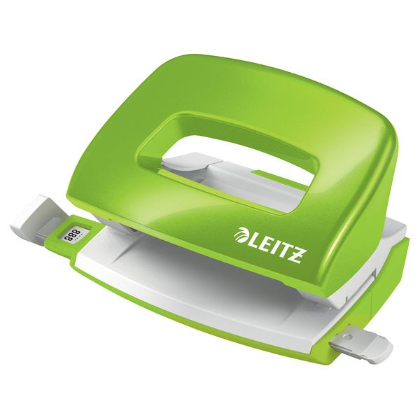 Leitz 50601054 Mini Hole Punch, 10 Sheets, Guide Bar with Format Markings, Metal, WOW Range, Green