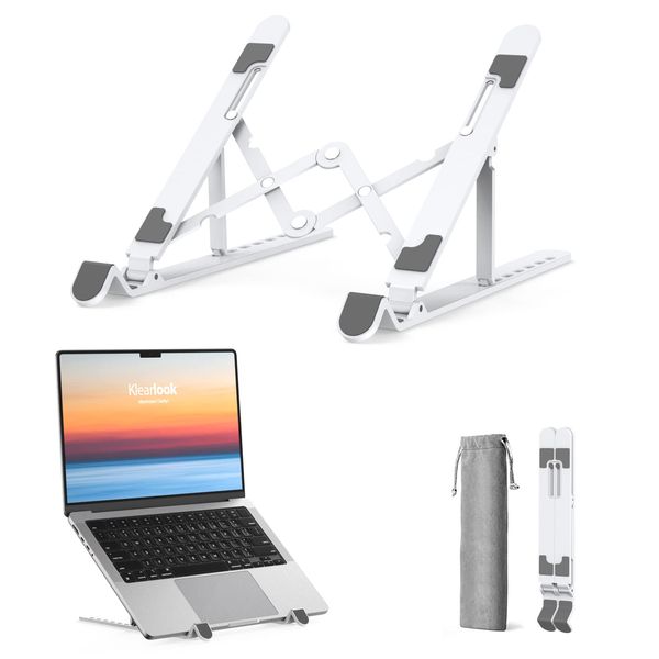 Portable Laptop Stand wi/Carry Bag - Klearlook 7-Level Adjustable Laptop Riser, Foldable ABS+Silicone Laptop Holder for Desk, Ventilated Cooling Notebook Stand for Laptops&Tablet up to 15.6" - White