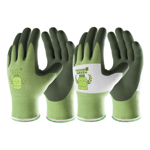 COOLJOB Kids Gardening Gloves for Age 6-8, 2 Pairs Recycled Polyester Toddler Gloves for Boys Girls, Breathable Rubber Coated Childrens Work Gloves with Non-Slip Grip, Green & White (2 Pairs XS)