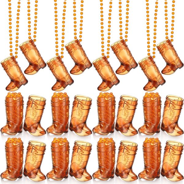 Sieral Boot Shot Glasses on Beaded Necklace Plastic Cowgirl Shot Glass Cup Necklace Bride and Groom Supply for Bachelorette Carnival Party Birthday Wedding Supply(Transparent Brown, 24 Pcs)