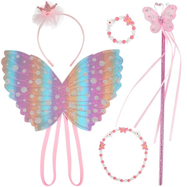 Fairy Costume for Girls, 5 PCS Butterfly Fairy Wings Fairy Wands Crown Crystal Tiaras Butterfly Necklace Bracelet Fairy Dress Up Costume for Birthday Party Halloween Photography Props(Pink)