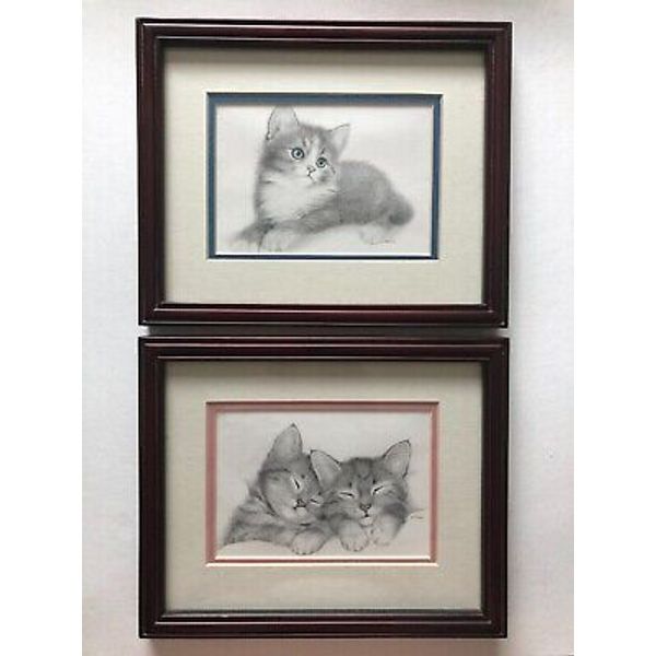 2 Art Print of  Cats  Signed, Matted, Framed  9" x 11" Each, Excellent