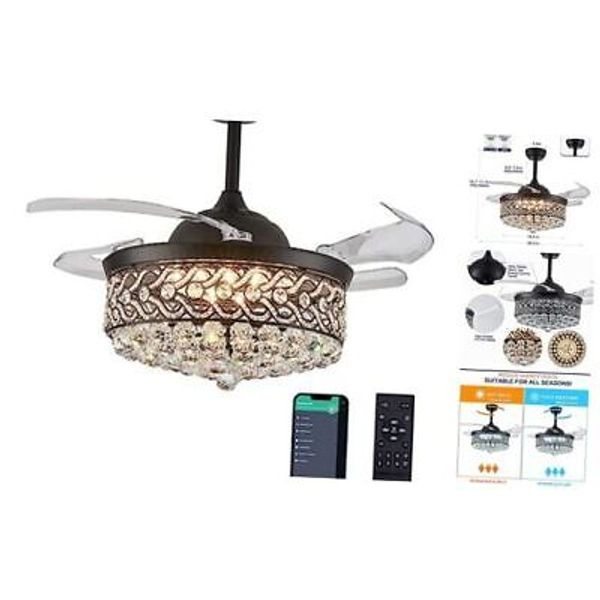 36" Modern Retractable Blades Ceiling Fan with Lights, Dimmable 36 in Black