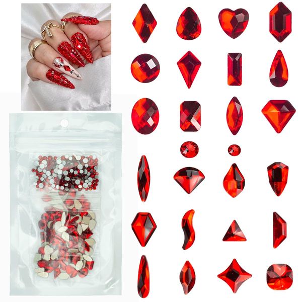 Red Nail Rhinestones 120 Multi Shapes Flatback Ruby Red Crystals Gems +SS10 SS16 Siam Red Round Beads K9 Glass Stones Diamonds Jewels Nail Art Supplies Nail Charms for Nails Faces Eyes Makeup Crafts