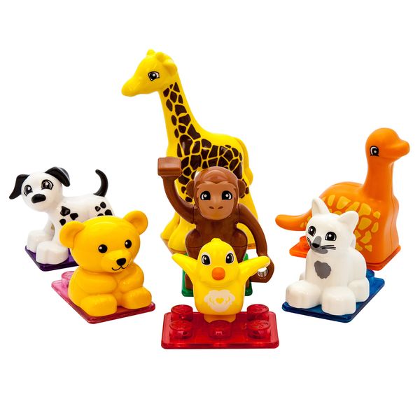 PicassoTiles 7pc Magnetic Animal Action Figure Set for Magnet Building Block Educational STEM Learning Kit Construction Toy Pretend Playset Child Brain Development HandEye Coordination Training PTA07