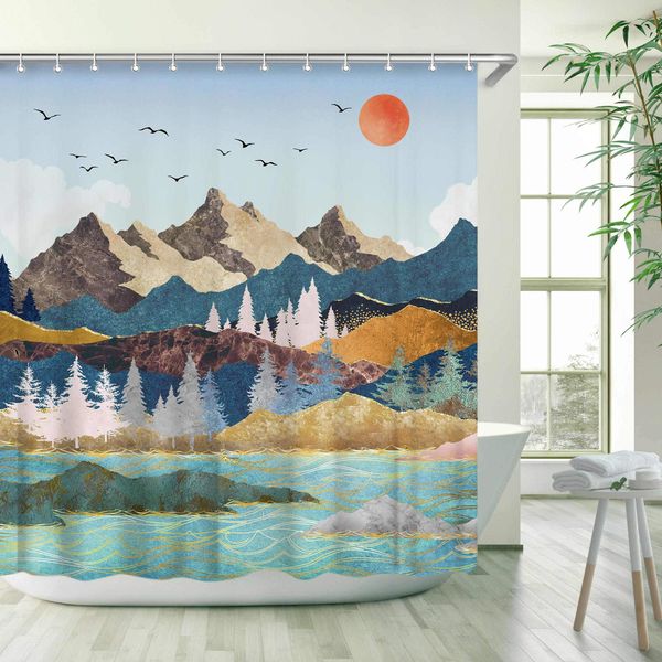 RosieLily Mountain Shower Curtain, Forest Shower Curtain, Cool Shower Curtain Hooks, Waterproof Art Nature Tree Shower Curtain, Japanese Sunset Landscape Shower Curtains for Bathroom, 72Wx72H Inch