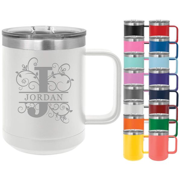Personalized Monogram & Name 15oz Powder Coated Mug with Lid Custom Engraved (Red)