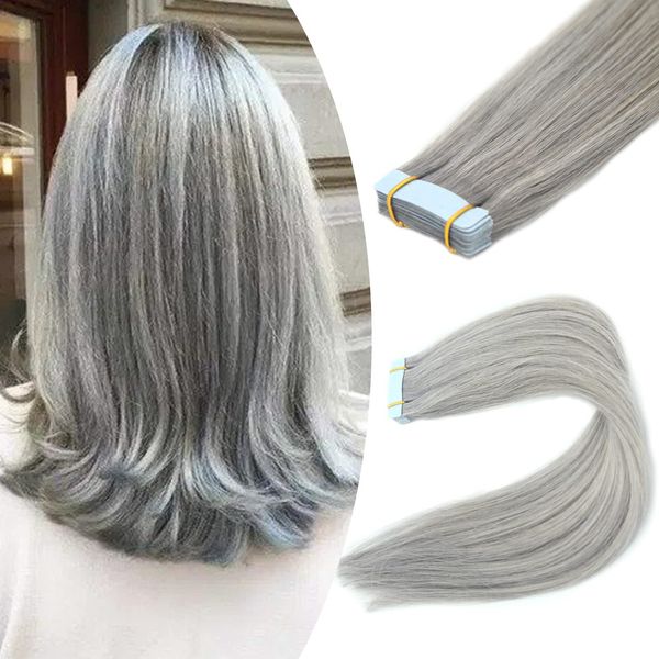 Fenicy Gray Hair Extensions Tape in Human Hair Real Hair Silver Gray Seamless Skin Wefts Tape-on Remy Hair Extensions Light Grey Invisible Double Sided Adhesive Tape-ins Hair 16inch 10Pcs/Pack