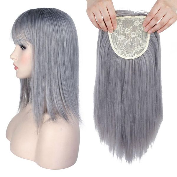 Silk Straight Hair Topper Thick Bangs 16inch Clip in One Piece Invisible Wiglet Head Top Replacement for Women Hair Loss (Grey)