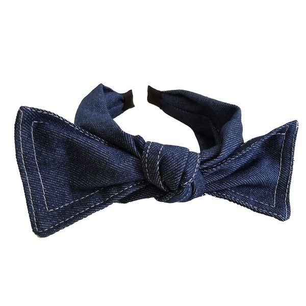 Denim Fabric Bowknot Headband Wide Knotted Hair Band Big Bow Hair Hoop Cute Turban Headband Cross Knot Headwear for Teen Girls Dark Blue