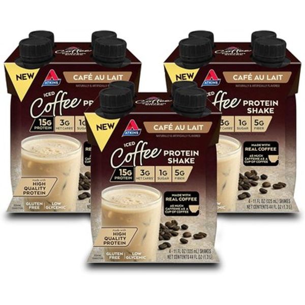 Atkins Café au Lait Iced Coffee Protein Shake, 15g 11 Fl Oz (Pack of 12)