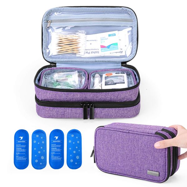 Yarwo Insulin Cooler Travel Case, Double-Layer Diabetic Travel Case with 4 Ice Packs, Diabetic Supplies Organiser for Insulin Pens, Blood Glucose Monitors or Other Diabetes Supplies, Purple