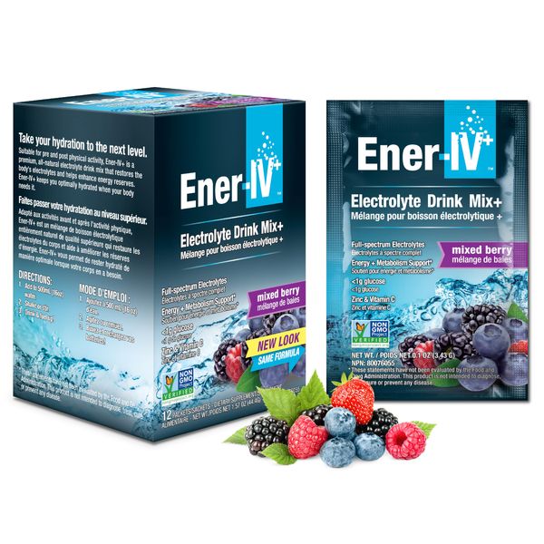 Ener-IV Electrolyte Hydration & Energy Drink Potassium Vitamin C & Zinc Electrolytes Powder Packets - Muscle Recovery & Immunity Sports Drinks for Women & Men Low Sugar Vegan, Mixed Berry - 12 Count