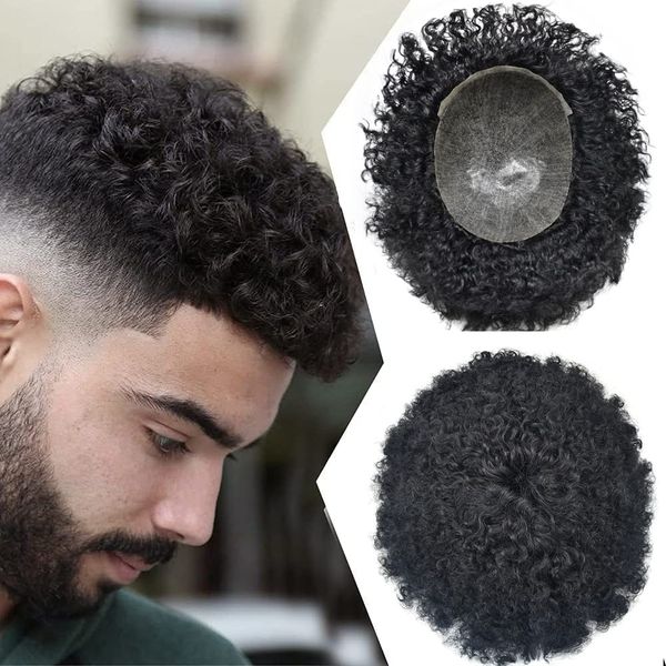 Afro Hair Units for Black Mens Toupee Men Weave Human Hair Replacement System African American Curl Hair Pieces Injected PU Male Afro Hairpiece 10mm Wavy-1# Jet Black