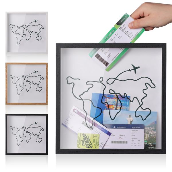 MUXIUNT Travel Adventure Archive Shadow Box Memorial 8 & 12 Inch Concert Travel Ticket Stub Memory Top Loading Shadow Keepsake Box with Top Slot Life in a Shadow Box Travel Gift Frame (Black, 8x8)