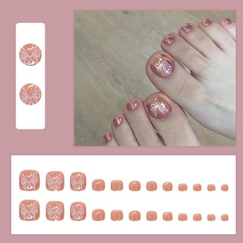 24Pcs Square False Toenails Short, Aurora Butterfly Press on Toenails Acrylic Full Cover Fake Toe Nails, Natural French Tip Stick on Toe Nails, Removable Glue-on Toenails for Women Girls Nail Art