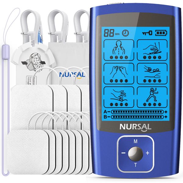 NURSAL TENS EMS Unit Muscle Stimulator for Pain Relief Therapy, Electric 24 Modes Dual Channel TENS Machine Pulse Massager with 12 Pcs Electrode Pads/Continuous Stable Mode/Memory Function