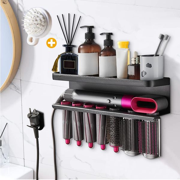 Yimerlen Airwrap Storage Holder Compatible with Dyson Airwrap Curling Iron Wall Mounted Storage Rack Holder for Bathroom Attachments Organizer (with Shampoo Comb) Black