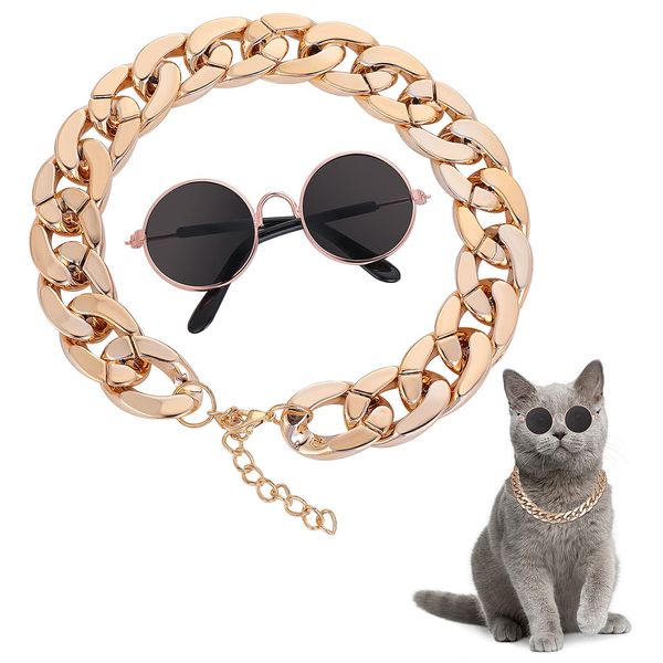 Molain Cat Sunglasses Gold Chain Costume Decorations UV Protection Classic Retro Puppy Retro Sunglasses Faux Photo Props