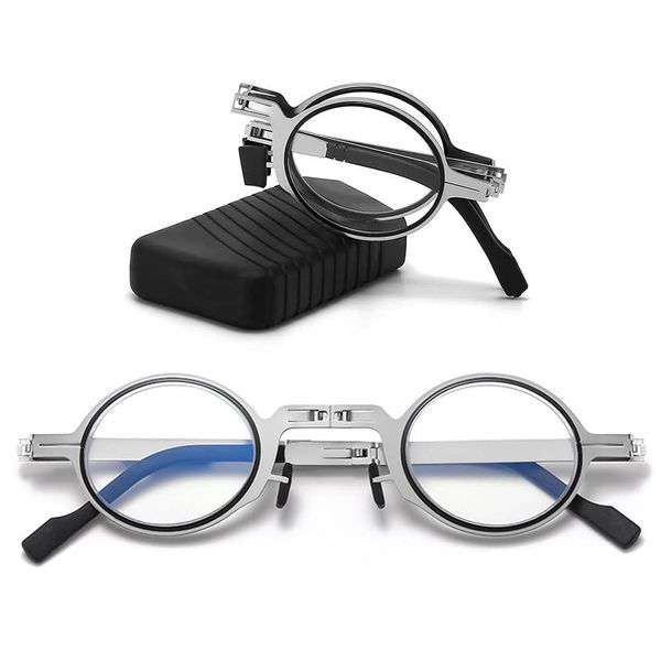 VEVESMUNDO Faltbar Lesebrille Metall Klappbar Rechteckig Klein Mini Klassisch Kompakte Sehhilfe Lesehilfe Brille Sehstärke mit Etui (+3.5, Runde)