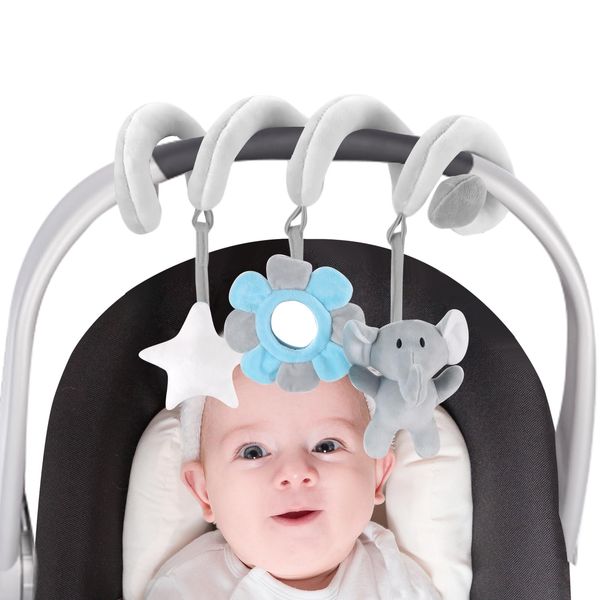 vocheer Car Seat Toys for Babies 0-6 Months Boys, Hanging Rattle Bouncer Toys for Crib Mobile, Infant Spiral Plush Stroller Toys, Grey Elephants