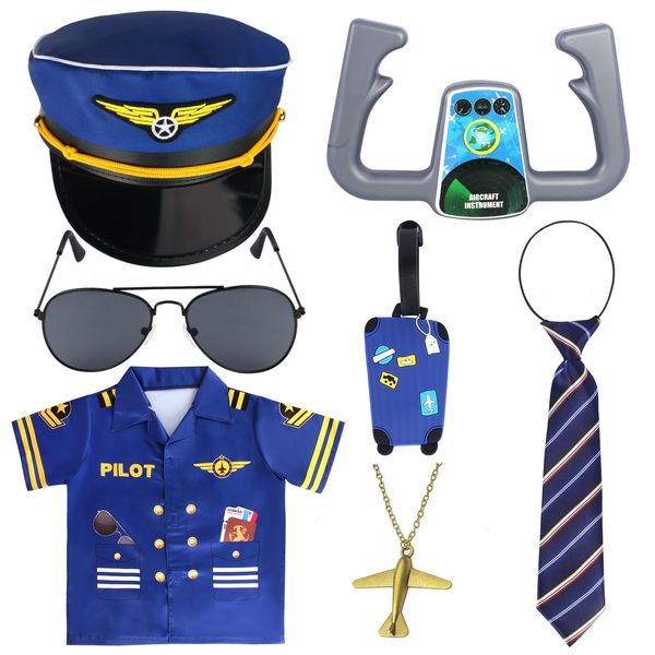 Kyson 7 Pcs Kids Pilot Costume Airline Captain Aviation Costume Dress up Accessories for Halloween Career Day Pretend Play (Set D)