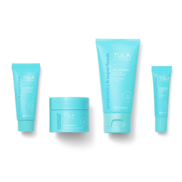 TULA Skin Care On the Go Best Sellers Travel Kit | Facial Cleanser, Day & Night Moisturizer, Sugar Scrub & Face Filter Primer for Glowing, Radiant Skin