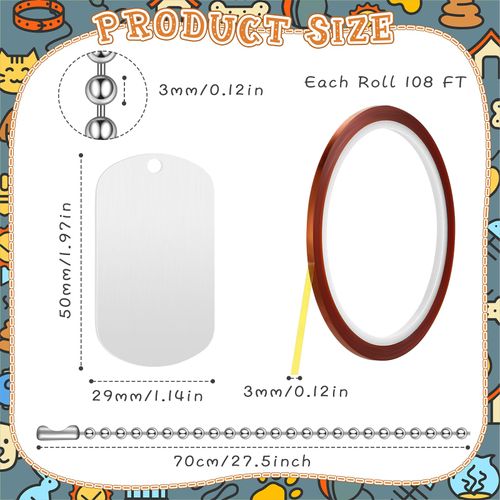 Yaocom 100 Pcs Sublimation Dog Tags Blank Sublimation Necklace Blank with Chains and Tape Aluminum Stamping Dog Chains Double Sided Stamping Military Tag DIY Necklaces for Pets Men Women