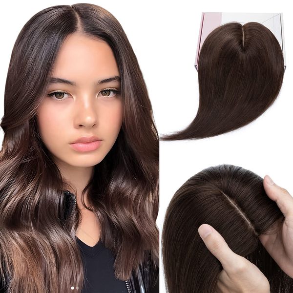 Elailite Clip in Toupet Frauen Haarteil Echthaar Topper Seide Basis 25cm 35g Dunkelbraun Clip in Extensions Haarverlängerung 130% Dichte Remy Silk Base Glatt 10" (#02 Dunkelbraun)
