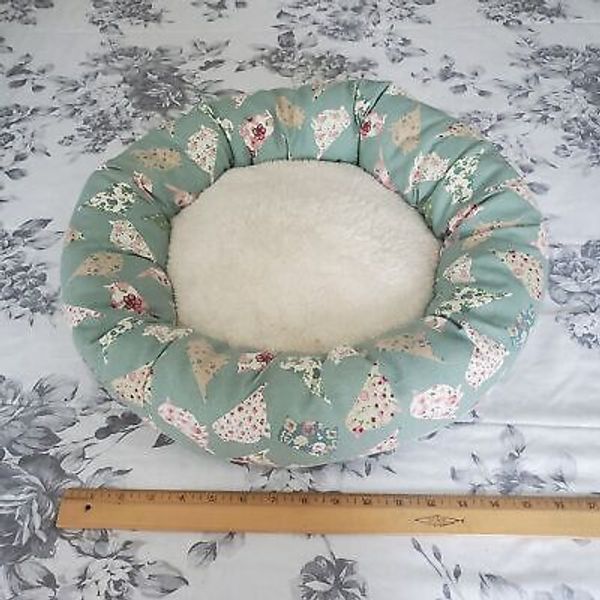 PET DESIGN Green Floral Bird Pattern 16" Round Canvas Faux Fur Pet Dog Cat Bed